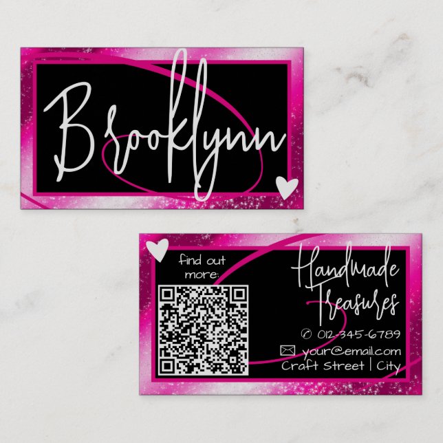 QR-Code-Vorlage Stilistisch Girly Pink Rahmen Herz Visitenkarte (Vorne/Hinten)