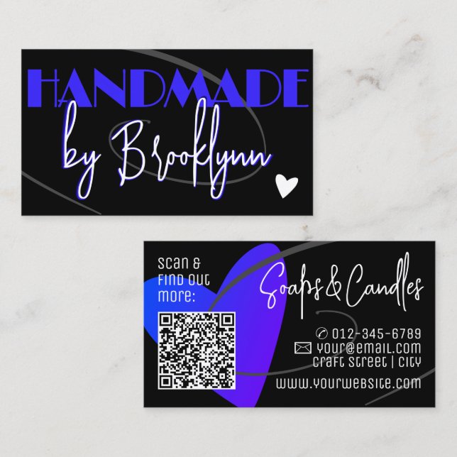 QR-Code-Vorlage Stilvolle Blue Handmade Liebe Herz Visitenkarte (Vorne/Hinten)