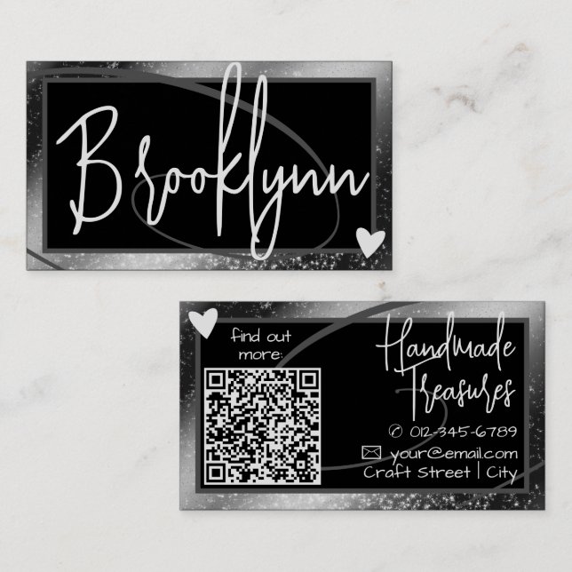 QR-Code-Vorlage Stilvolle Silver Graue Rahmen Herz Visitenkarte (Vorne/Hinten)