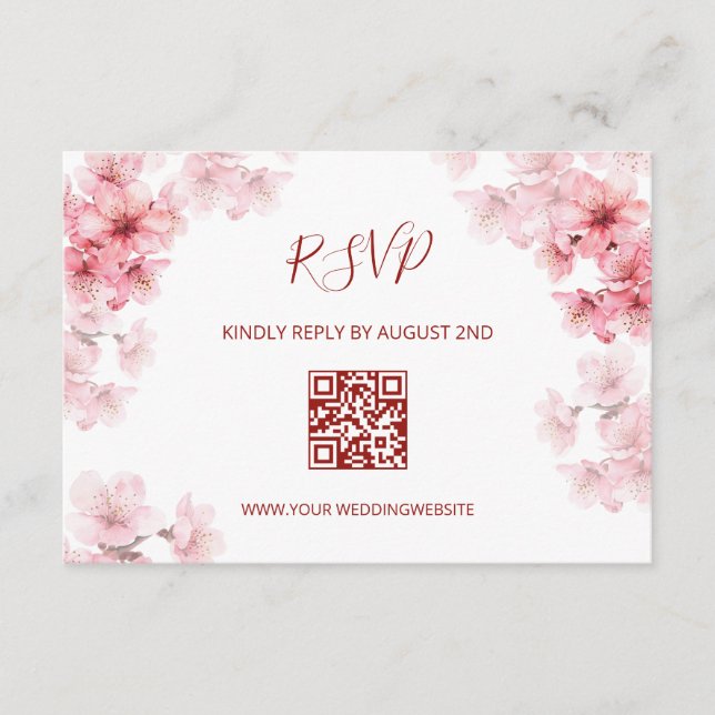 QR-Code | Wasserfarbe Kirschblüten RSVP Begleitkarte (Vorderseite)