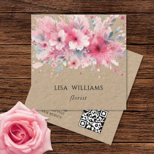 QR-Code Wasserfarbe Rosa Blumen Kraft Quadratische Visitenkarte