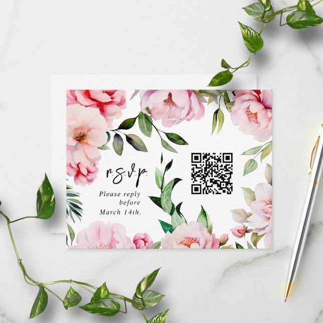 QR Code Wasserfarbe Rosa Peony Wedding RSVP Karte (Von Creator hochgeladen)