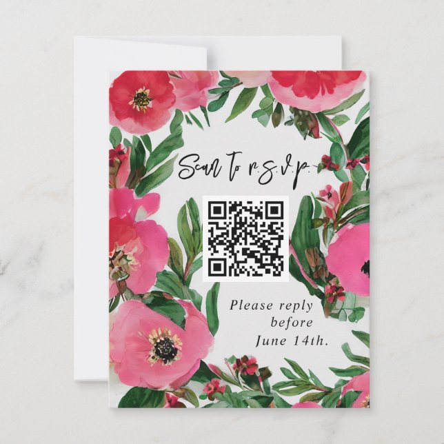 QR-Code Wasserfarbrosa Anemone Wedding RSVP (Vorderseite)