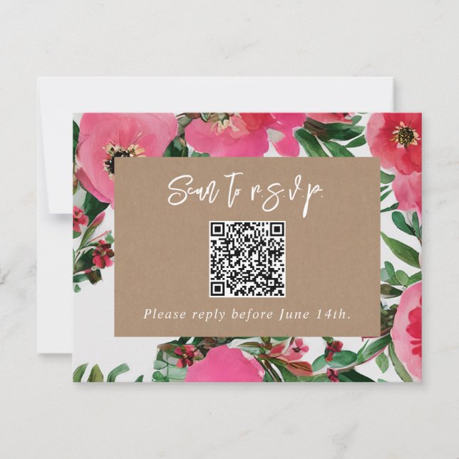 QR-Code Wasserfarbrosa Anemone Wedding RSVP (Vorderseite)
