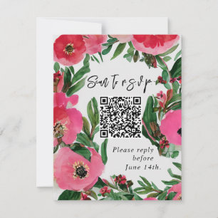 QR-Code Wasserfarbrosa Anemone Wedding RSVP Karte