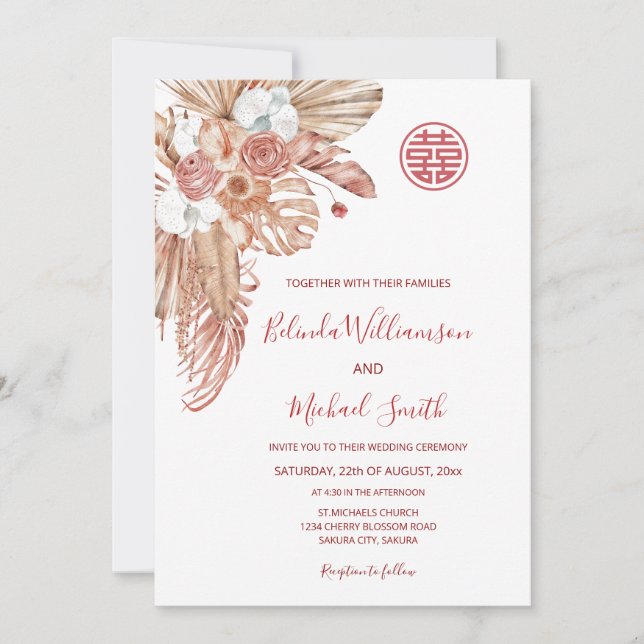 QR-Code | Watercolor Boho Blume Chinesische Hochze Einladung (Vorderseite)
