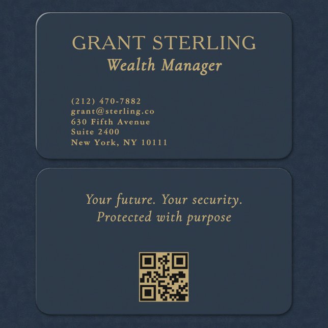 QR Code Wealth Manager Navy Blue Gold  Visitenkarte (Von Creator hochgeladen)