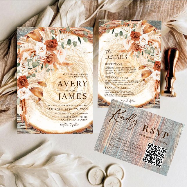 QR Code Wedding Invitation Boho Pampas Wood Slice  (Créateur téléchargé)