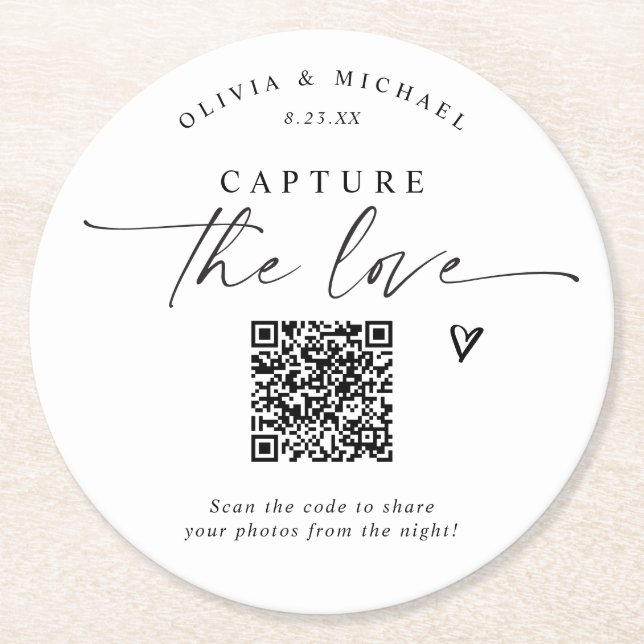 QR Code Wedding Modern Elegant Photo Sharing Runder Pappuntersetzer (Vorderseite)
