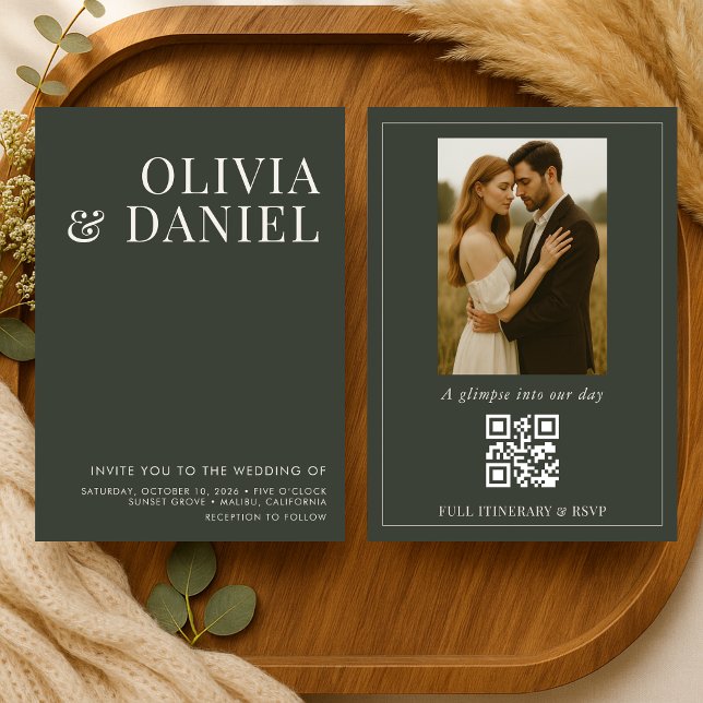 QR Code Wedding Olive Green Minimalist Photo Einladung (Von Creator hochgeladen)
