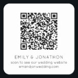 QR Code Wedding Website Namen Schwarz-weiß Quadratischer Aufkleber<br><div class="desc">QR Code Wedding Website heißt Schwarz und Weiß. Der Text kann leicht personalisiert werden. Sie können auch Hintergrund- und Textfarben nach Ihrem Hochzeitstil ändern, wenn Sie es wünschen, indem Sie die Option Weitere anpassen wählen. Ihr QR-Code wird automatisch generiert, um den Beispielcode im Design zu aktualisieren, wenn Sie einfach die...</div>