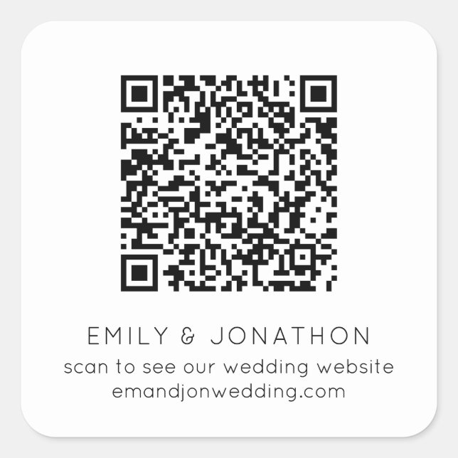 QR Code Wedding Website Namen Schwarz-weiß Quadratischer Aufkleber (Vorderseite)