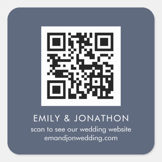 QR Code Wedding Website Names Dusty Navy Blue Quadratischer Aufkleber (Vorderseite)