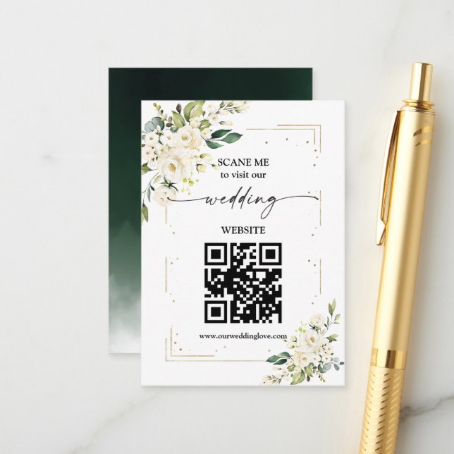 QR Code Wedding Website White Floral Gold Enclosu Begleitkarte (Vorderseite/Rückseite Beispiel)