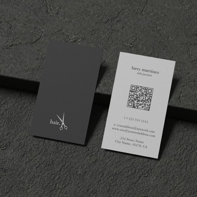 QR Code Weiß Grau Minimalistisches Haar Visitenkarte (Von Creator hochgeladen)