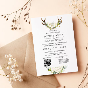 QR-Code Weiße Blume Antler Hochzeit Einladung