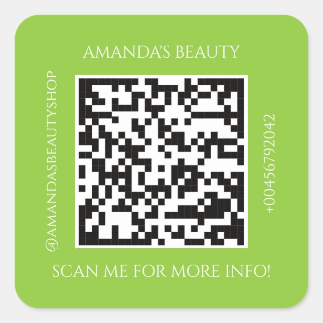 QR-Code Werbe-Name Kontakt Green Square Stic Quadratischer Aufkleber (Vorderseite)