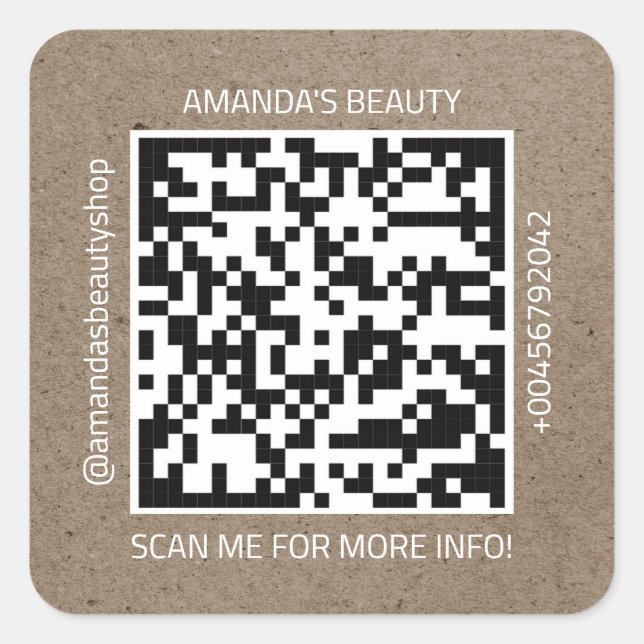 QR-Code Werbe-Name Kontakt Web Kraft Papier Quadratischer Aufkleber (Vorderseite)