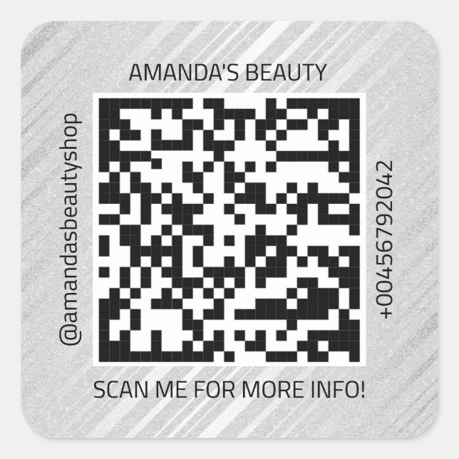 QR-Code Werbe-Name Kontakt Web Kraft Silver Quadratischer Aufkleber (Vorderseite)