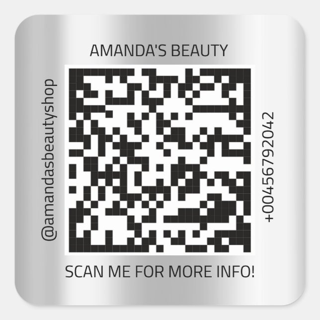 QR Code Werbe-Name Kontakt Web Silver Gray Quadratischer Aufkleber (Vorderseite)