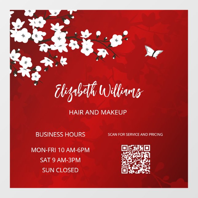 QR-Code | White Cherry Blossom Red Fensteraufkleber (Blatt)