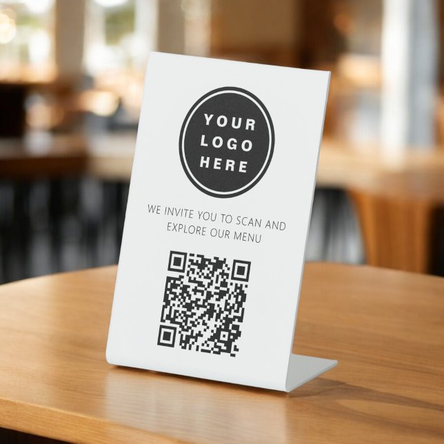 QR Code White Menu Logo Modernes Restaurant Sockelschild (Von Creator hochgeladen)