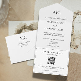 QR Code White Monogram Wedding All In One Einladung