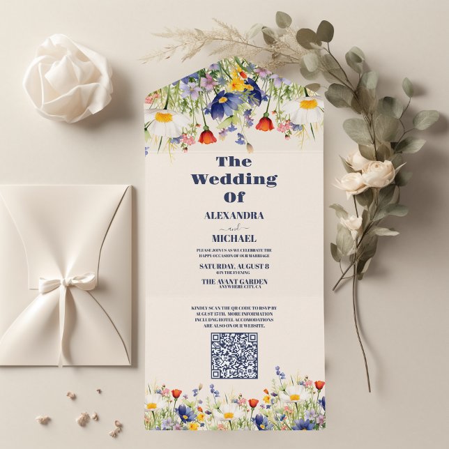 QR Code Wildblume Hochzeit rustikale Flora All In One Einladung (Von Creator hochgeladen)