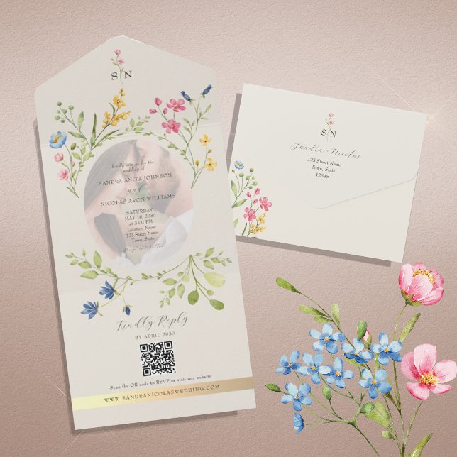 QR Code Wildflower Photo Wedding All In One Einladung (Von Creator hochgeladen)