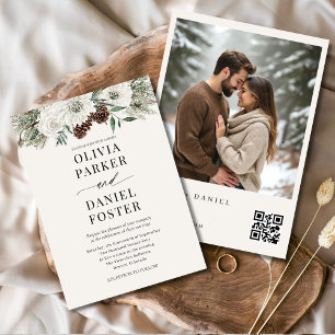 QR Code Winter Foto Elegante Evergreen Wedding Einladung