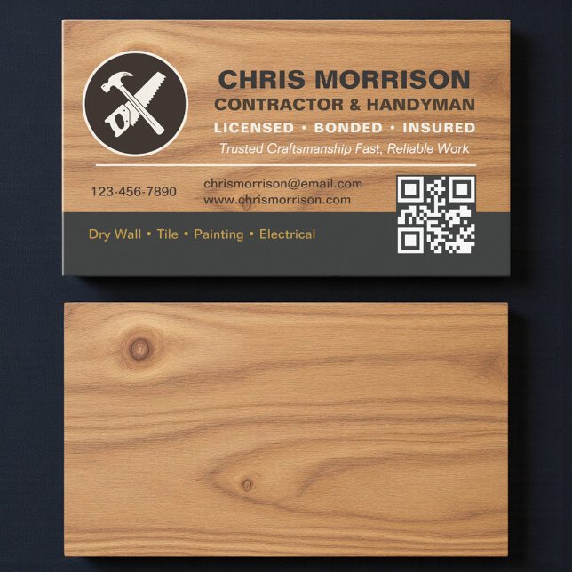 QR Code Wood Contractor Handyman Tools Logo Visitenkarte (Von Creator hochgeladen)