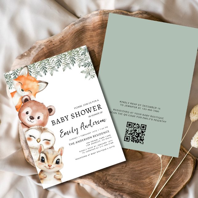 QR Code Woodland Animals Babydusche Einladung (Von Creator hochgeladen)