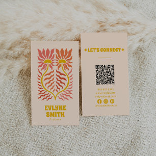 QR Code Yellow Groovy Floral Terracotta Boho Visitenkarte