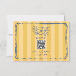 QR Code Yellow Stripe Blue Floral Wedding QR UAWG RSVP Karte