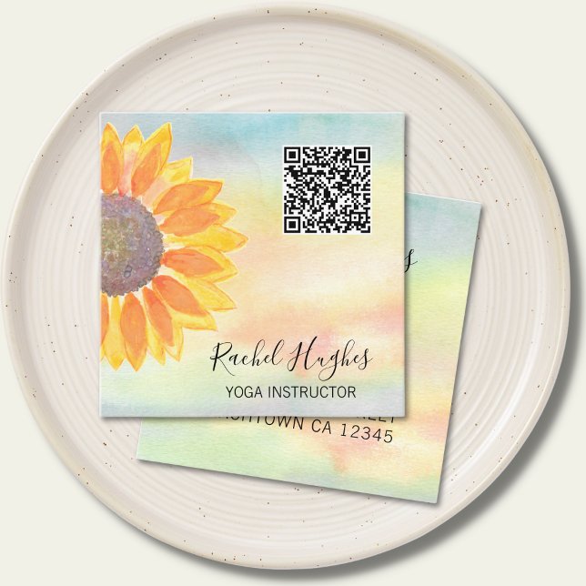 QR Code Yoga Instructor Sunflower Watercolor Quadratische Visitenkarte (Von Creator hochgeladen)