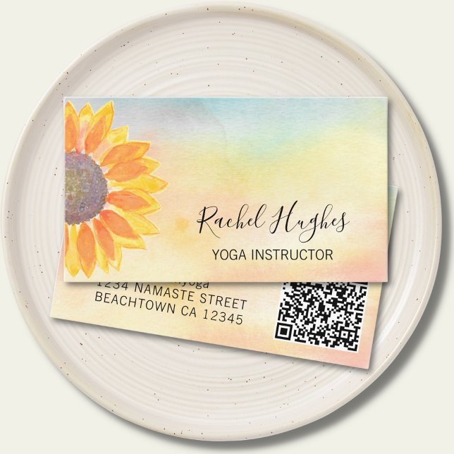 QR Code Yoga Instructor Sunflower Watercolor Visitenkarte (Von Creator hochgeladen)