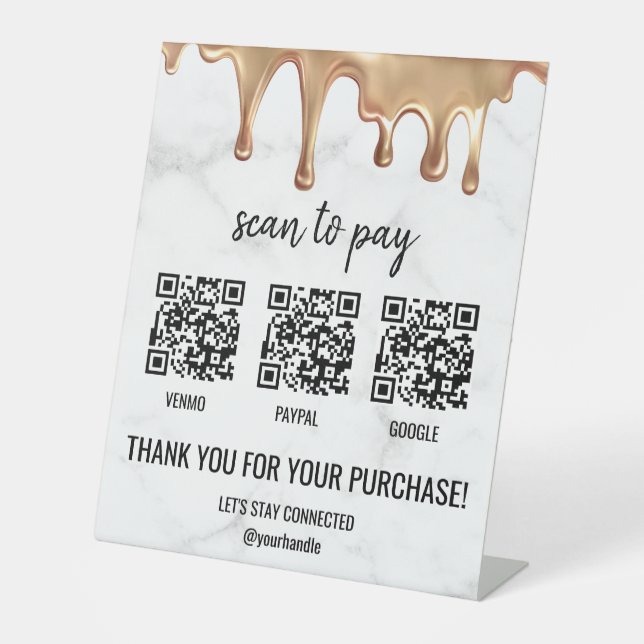 QR Code Zahlung Cashapp Paypal White Marble Gold Sockelschild (Vorderseite)