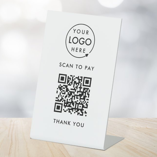 QR-Code-Zahlung | Kontakt mit Logos Sockelschild (Interactive "scan to pay” QR code cash wrap table signs for electronic payment transactions.)