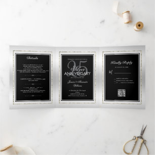 QR-Code zum 25. Hochzeitstag in Silver & Black Dreifach Gefaltete Ankündigung