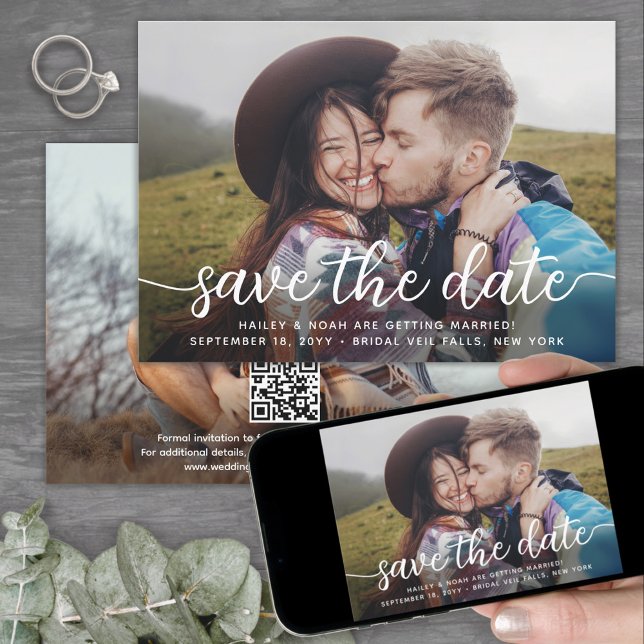 QR Code & Zwei Fotos Einfache moderne Skripthochze Save The Date (Von Creator hochgeladen)