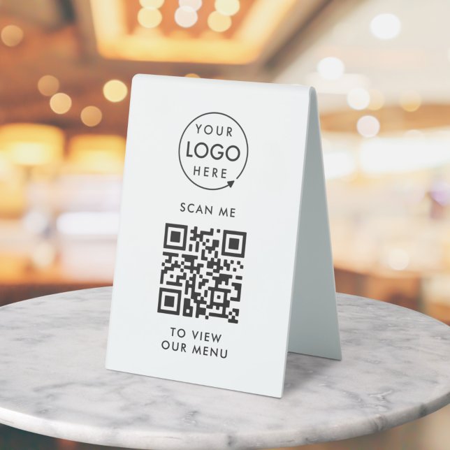 QR-Codemenü | Logo kontaktlos Modern Tischaufsteller (Small business editable template with scannable QR code for digital menus & seamless ordering.)