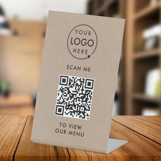 QR-Codemenü | Logo Rustikale Kraft Contacless Sockelschild (Branded interactive QR code menu table signs for restaurants, bars, cafes & hospitality events!)