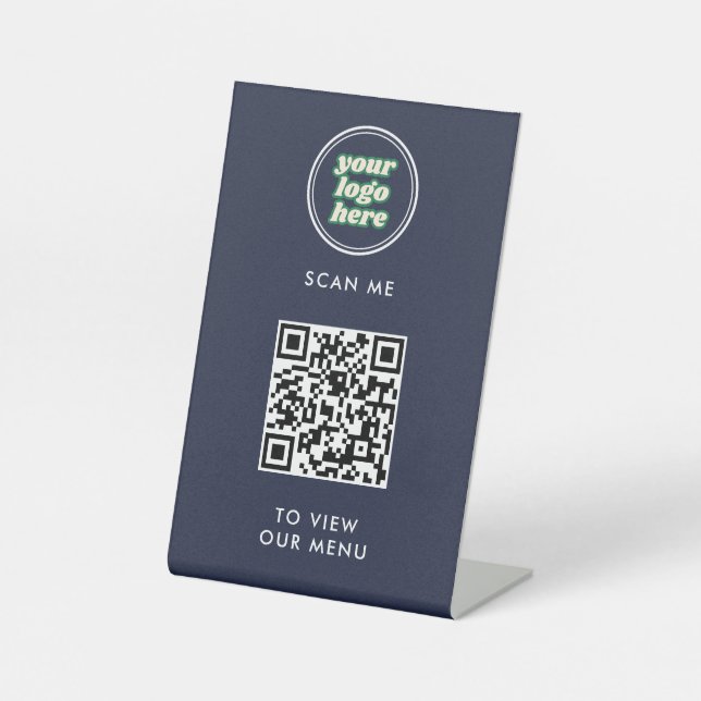 QR-Codemenü | Navy berührungslos modern Logo Sockelschild (Vorderseite)