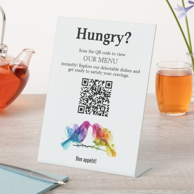 🌈 QR-Codemenü Rainbow Lovebirds Collection Sockelschild (In Situ)