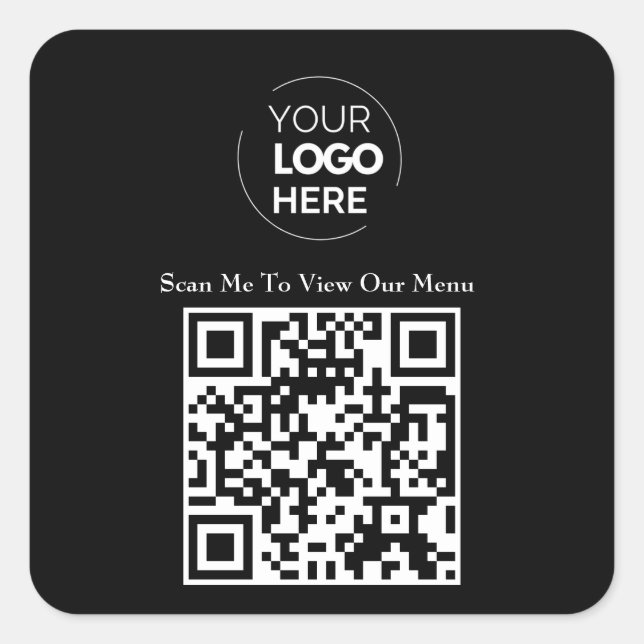 QR-Codemenü | Schwarzes Logo, berührungslos, moder Quadratischer Aufkleber (Vorderseite)
