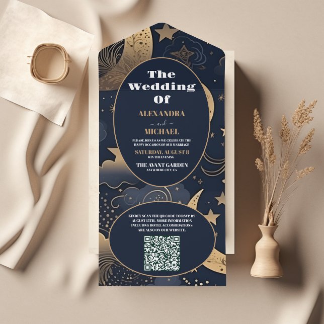 QR CodeMidnight Blue Gold Celestial Wedding All In One Einladung (Von Creator hochgeladen)