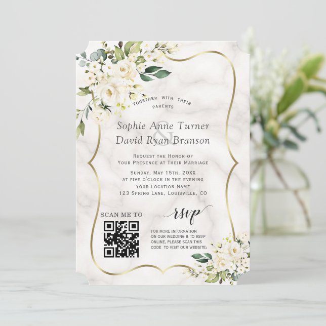 QR Elegante White Blume Goldmarmorhochzeit Einladung (Stehend Vorderseite)