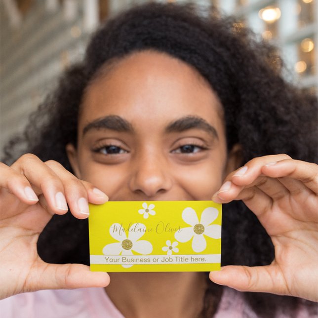 QR Floral Yellow Large White Gold Beruflich Visitenkarte (Von Creator hochgeladen)