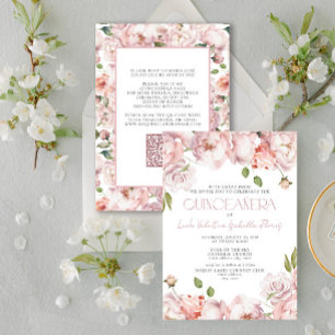 QR Formal Elegant Blush Pink Floral Quinceanera Einladung