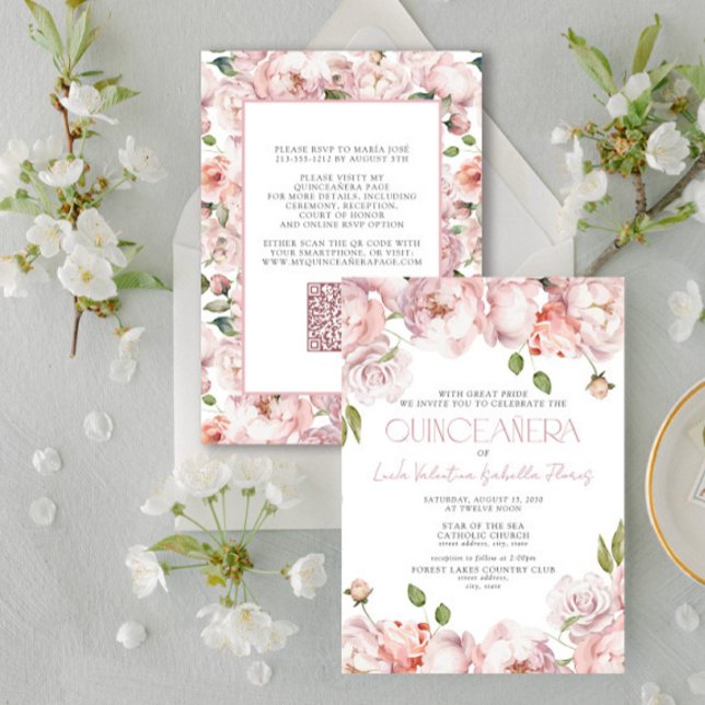 QR Formal Elegant Blush Pink Floral Quinceanera Einladung (Von Creator hochgeladen)
